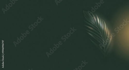 Minimal palm leaf on dark green background with dramatic rim lighting