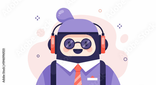 Cheerful robot wearing headphones and tie, ready for work