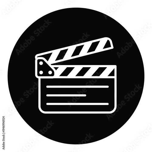 Film clapper board icon in a black circle graphic symbol icon