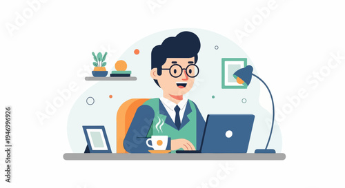 Cheerful man working on laptop at desk with coffee and plants