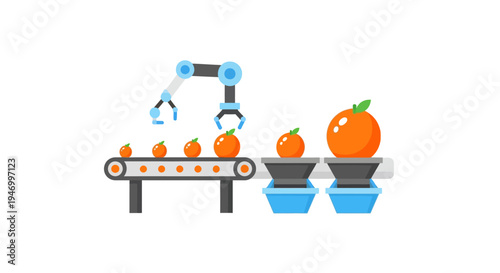 Robotic arm sorting oranges on conveyor.