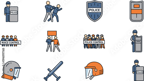Police Riot Control and Law Enforcement Icon Set Featuring Officer Shield Protection, Crowd Control, Arrest Scene, Riot Helmet and Baton Security Symbols