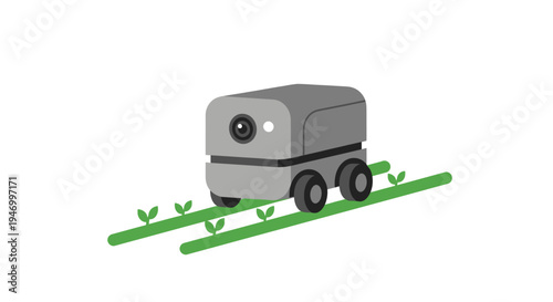 Small gray robotic lawn mower machine.