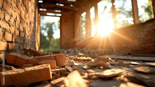 Golden sunset sunbeams shining inside an abandoned brick building with rubble