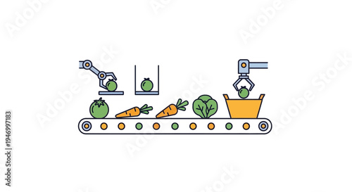 Robotic arm sorts vegetables on conveyor.