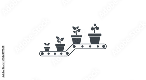 Small Potted Plants on Conveyor Belt.