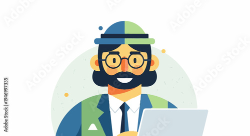 Stylized man with beard, glasses, hat, suit, and laptop