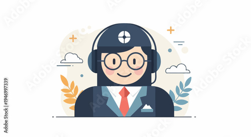 Friendly person wearing headphones and suit with floral background