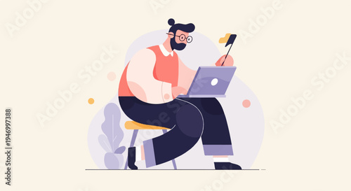 Flat illustration of a person with glasses working on a laptop
