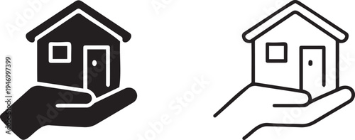 Set of 2 House on Hand Icons Vector - Solid and Outline Style for Real Estate, Home Insurance, Property Care, and Housing Services