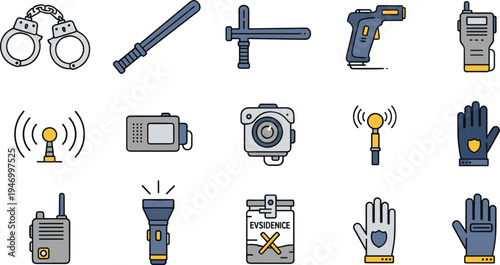 Police Tactical Equipment and Law Enforcement Gear Icon Set Featuring Handcuffs, Baton, Taser Gun, Radio Communication, Flashlight, Body Camera and Evidence Bag