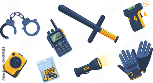 Police Tactical Equipment and Law Enforcement Gear Icon Set Featuring Handcuffs, Baton, Taser Gun, Radio Communication, Body Camera, Flashlight and Protective Gloves