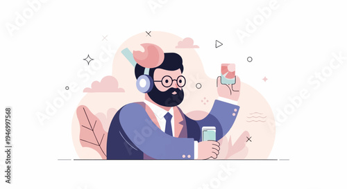 Man in suit wearing headphones, holding a phone and drink