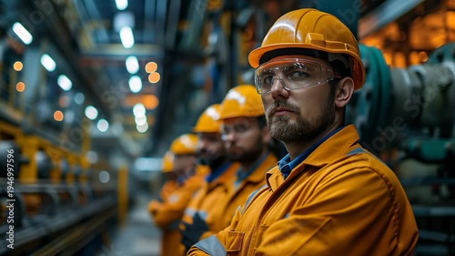 Confident factory worker posing with his team in an industrial plant