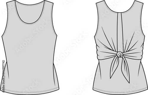 Women tank top fashion technical sketch showing front and back views with knot detail, minimal outline apparel design illustration