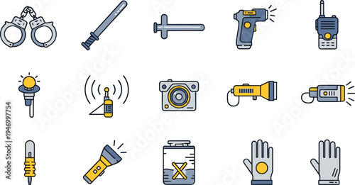 Police Tactical Equipment and Law Enforcement Gear Icon Set Featuring Handcuffs, Baton, Taser, Radio Communication, Flashlight, Body Camera and Protective Gloves