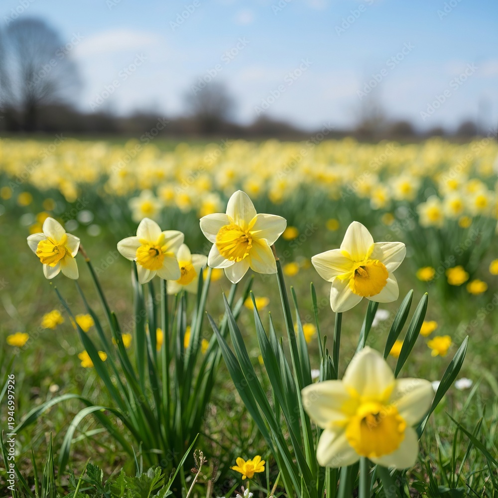 Fototapeta premium Vibrant field of blooming yellow daffodils swaying in the spring breeze, a beautiful scene.