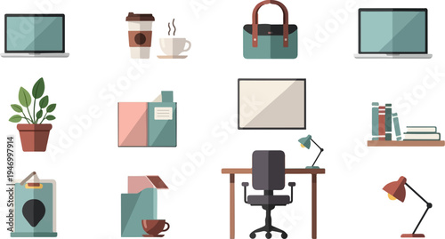 Flat design icons for a workspace laptops, coffee, plants, books, and desk
