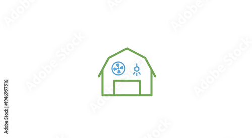 Simple green line barn icon.