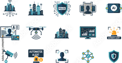 Smart City AI Policing and Surveillance Technology Icon Set Featuring Facial Recognition, Security Drone Monitoring, Digital Police Network and Automated Alert System