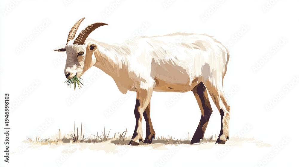 Obraz premium A light colored goat is standing and eating grass in a grassy area under the sun