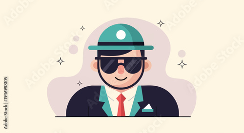 Flat illustration of a smiling person wearing a hat, sunglasses, and a suit