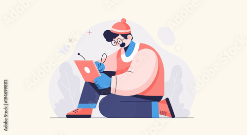 Person in hat and glasses drawing on a tablet with pen