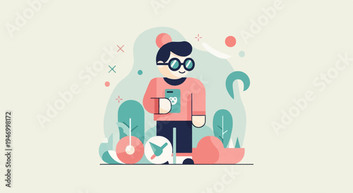 Cheerful person in glasses holds phone, surrounded by abstract shapes and plants