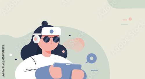 Person wearing headset and sunglasses plays game on tablet