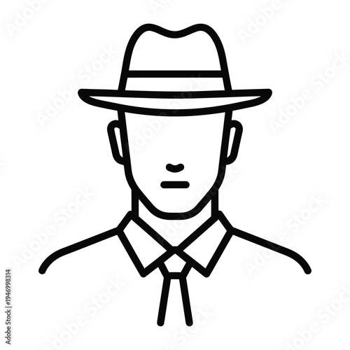 Line art illustration of a man wearing a fedora hat and tie icon