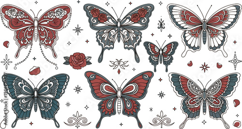Vintage ornamental butterfly collection with rose floral elements, detailed decorative insects set in retro tattoo style isolated on white background