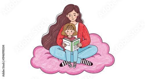 Woman and child reading on pink cloud