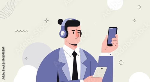 Man with headphones holding two phones, looking thoughtful