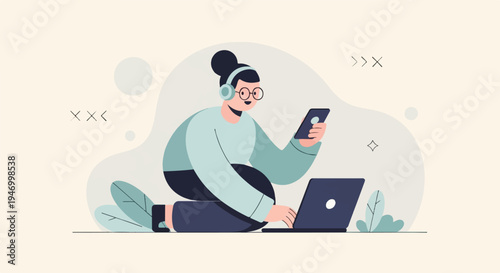 Person with headphones and glasses using laptop and phone