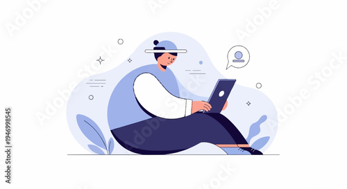 Person with hat using laptop, sitting on floor, plants and shapes