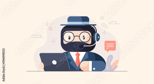 Stylized person with glasses and headset works on laptop