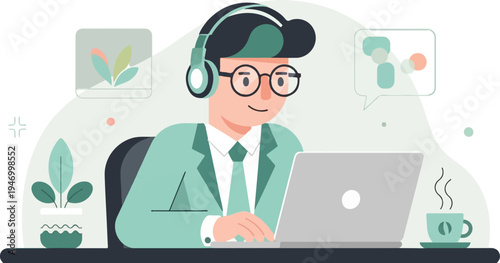 Person with headphones and glasses working on a laptop with plants