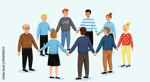 Diverse group of people holding hands in a circle on light blue