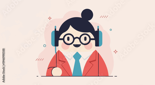 Cheerful cartoon person with headphones and glasses, wearing a suit
