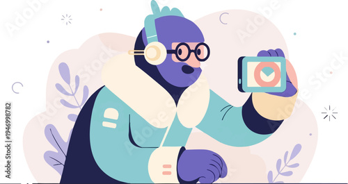 Character with headphones and glasses holds up phone showing a geometric shape