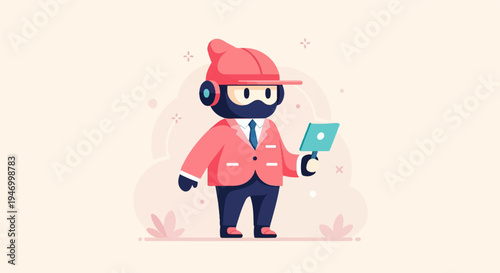 Stylized robot in suit holding tablet, with abstract background elements