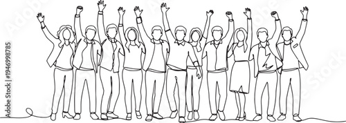 Group of people celebrating with raised hands line art teamwork concept