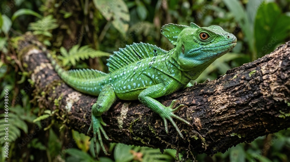 Fototapeta premium Green Plumed Basilisk Lizard (Basiliscus plumifrons), Boca Tapada