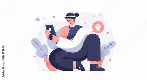 Person with a digital device surrounded by plants and clouds