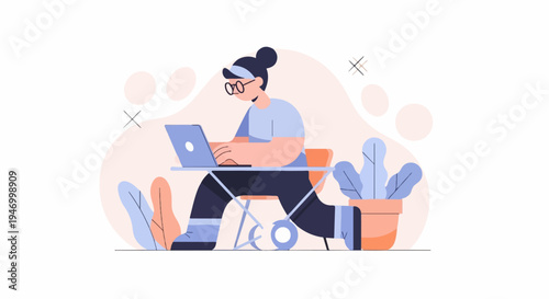 Person working on a laptop at a desk with plants and abstract shapes in background