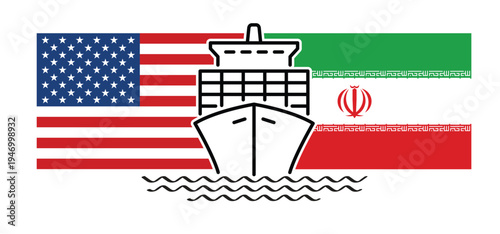 Strait of Hormuz and prohibitory sign. Naval blockade of naval vessels, oil tankers and cargo ships. For freight containers, access is prohibited or prohibited. Flag America, verenigde Staten or Iran.