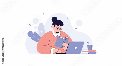 Person with glasses reading book at laptop with stationery and plants