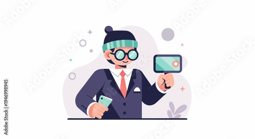 Person in suit, hat, glasses holding phone and camera rig