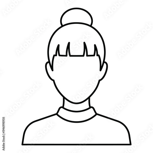 Line drawing of woman with hair in a bun and bangs icon