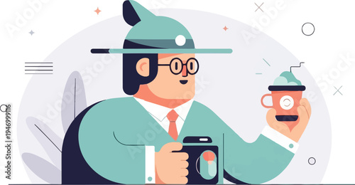 Stylized figure with camera and drink